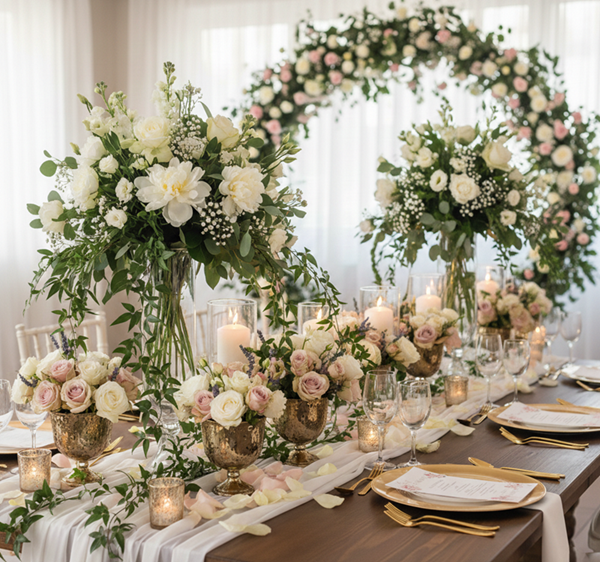 Dekoracje stołów weselnych – centerpiece kwiatowy